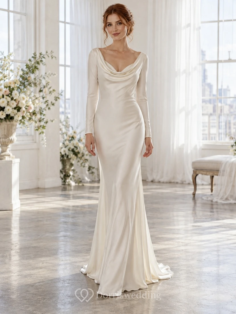 Robe de mariée fourreau simple en satin à manches longues, col bénitier et traîne.
