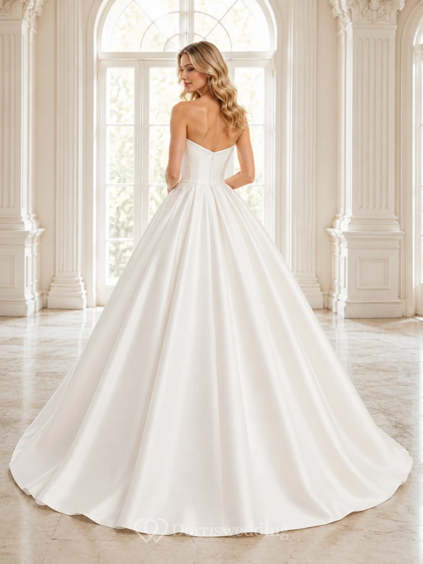 White Minimalist Strapless Sweetheart Clean Mikado Satin Quinceanera Princess Formal Ball Gown view 2