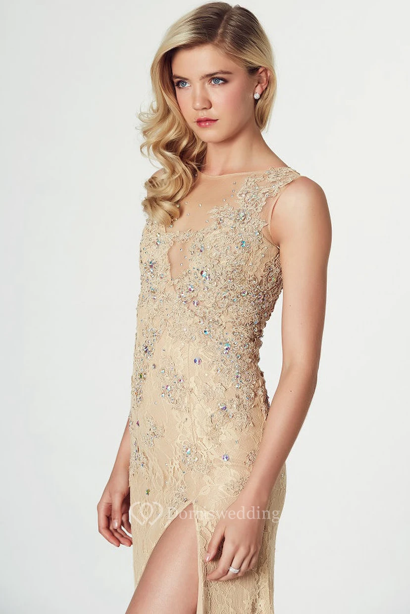 Sheath Sleeveless Split-Front Jewel-Neck Floor-Length Lace Prom Dress With Beading view 3