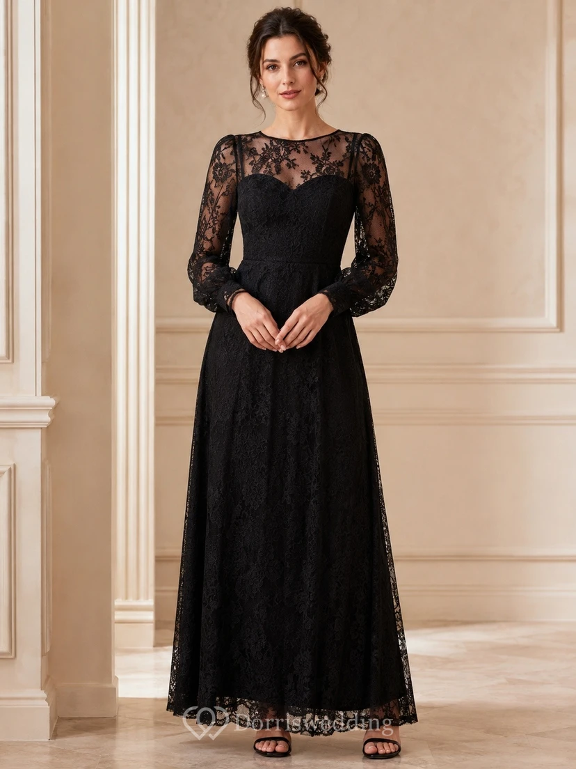 Black Romantic Sweetheart Lace-Chiffon Long-Sleeve A-Line Floor-Length Evening Dress