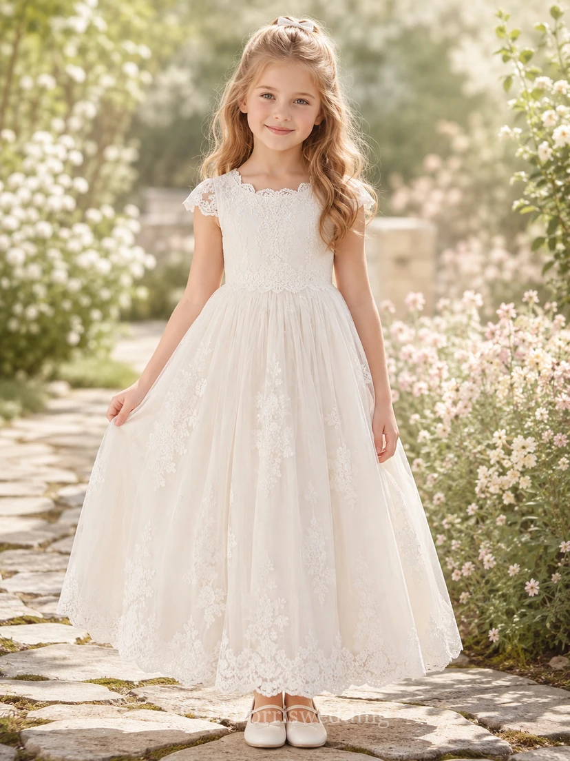 Lace Tulle A-Line Flower Girl Dress with Jewel Neck and Tea-Length Skirt