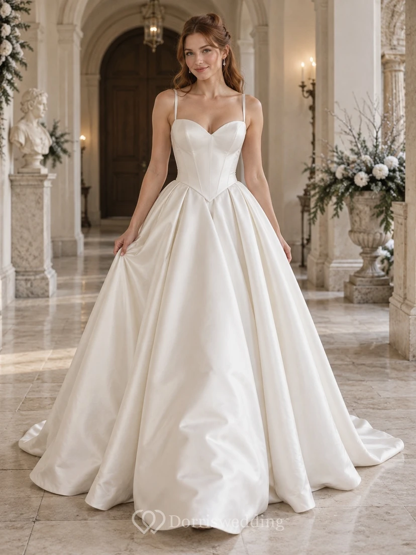 Vestido de novia de satén plisado con escote corazón y cintura vasca