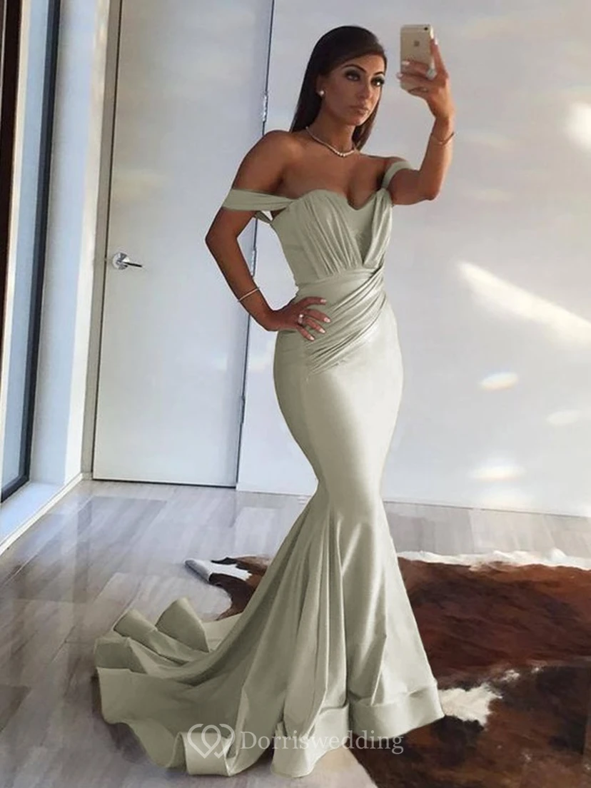 Sexy Mermaid Off-the-shoulder Sheath Champagne Ruched Evening Prom Dress view 6