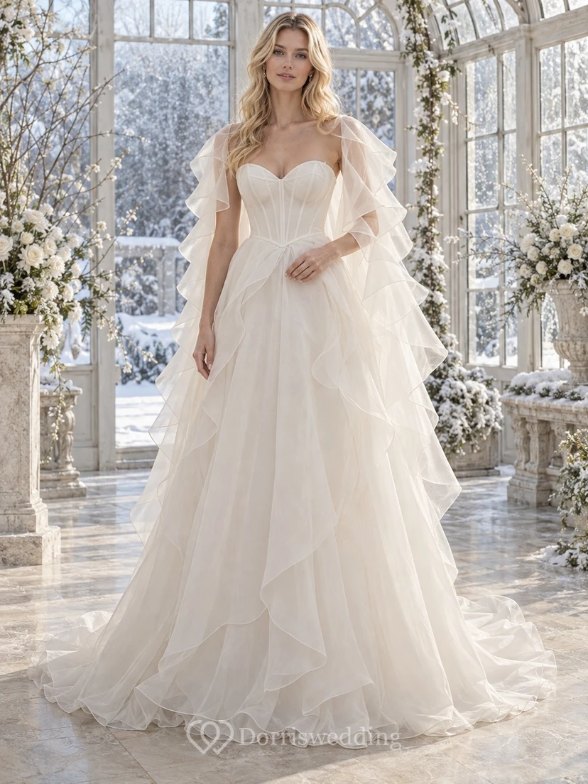 Vestido de novia de corte A completo con capa de volantes y capas de organza estilo "Winter Sweetheart"