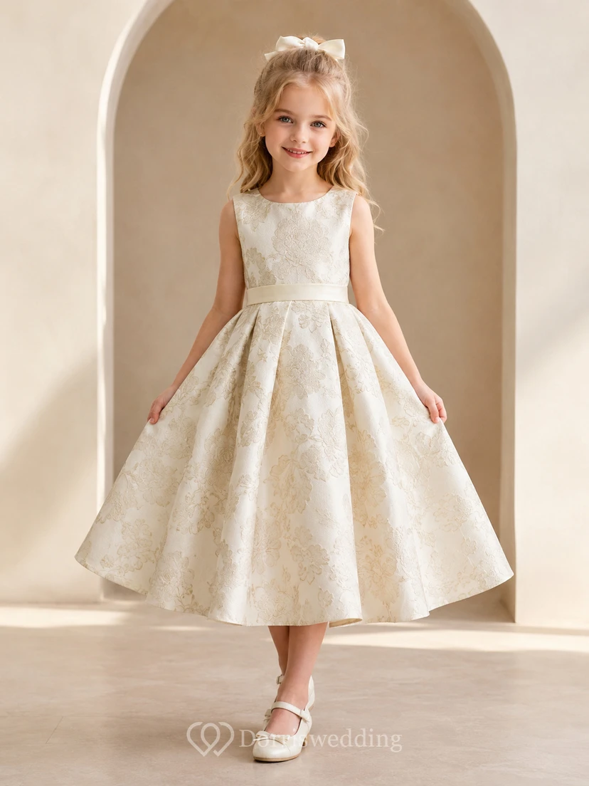 Robe de demoiselle d'honneur élégante et formelle, couleur champagne, à imprimé floral jacquard, col rond, sans manches, plissée, longueur thé, coupe trapèze, col rond, col rond, sans manches.
