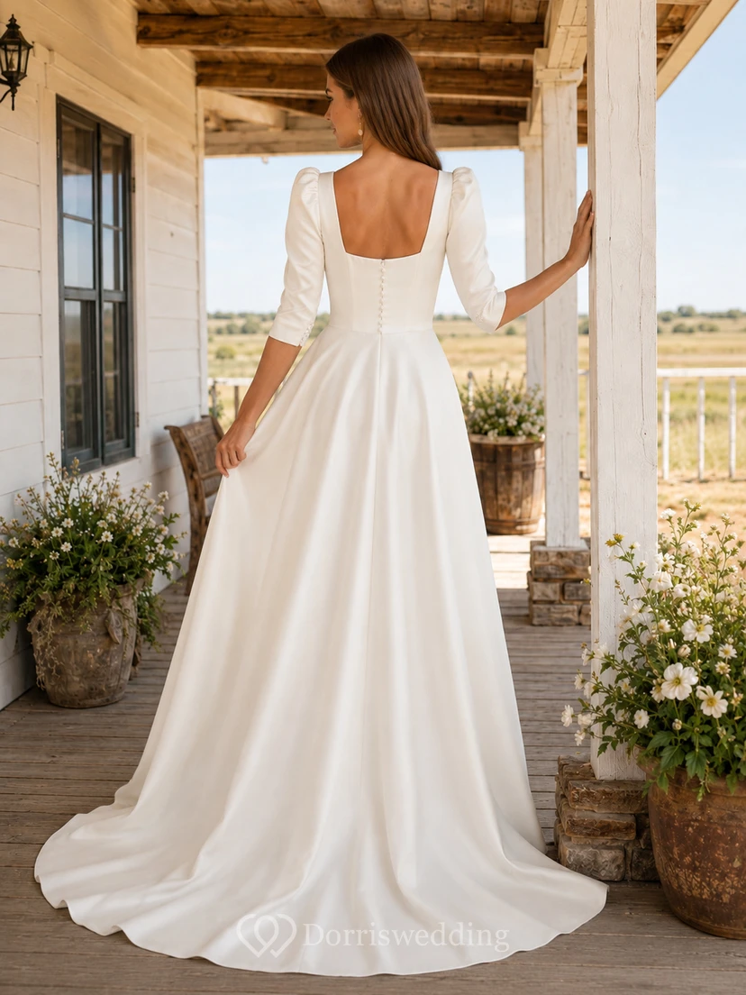 Country Square Neck Long Sleeve Satin A-Line Wedding Dress view 2