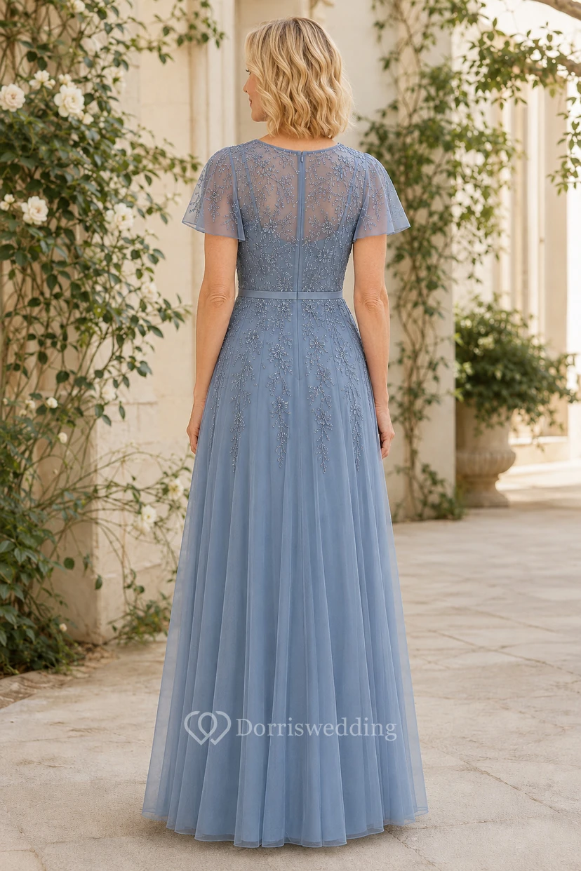 Steel Blue Lace Bodice Tulle A-Line Mother Dress With Flutter Sleeves view 2