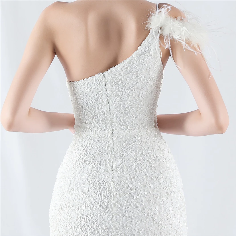 Gradient Velvet Bottom Sequins Craft Beading Ostrich Hair One-Shoulder Oblique Collar High-Slit Evening Dress view 7