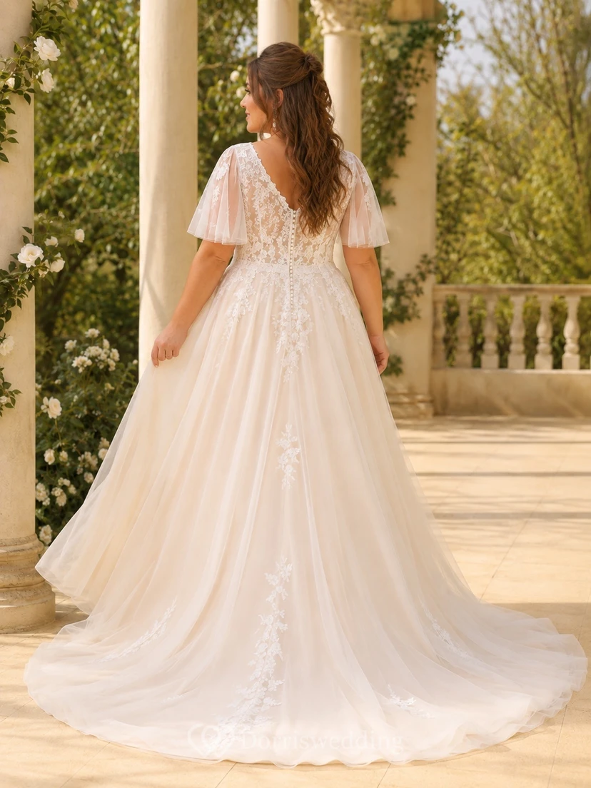 Champagnerfarbenes Brautkleid aus Chiffon in A-Linie in Übergröße mit V-Ausschnitt, kurzen Ärmeln und Schleppe view 2