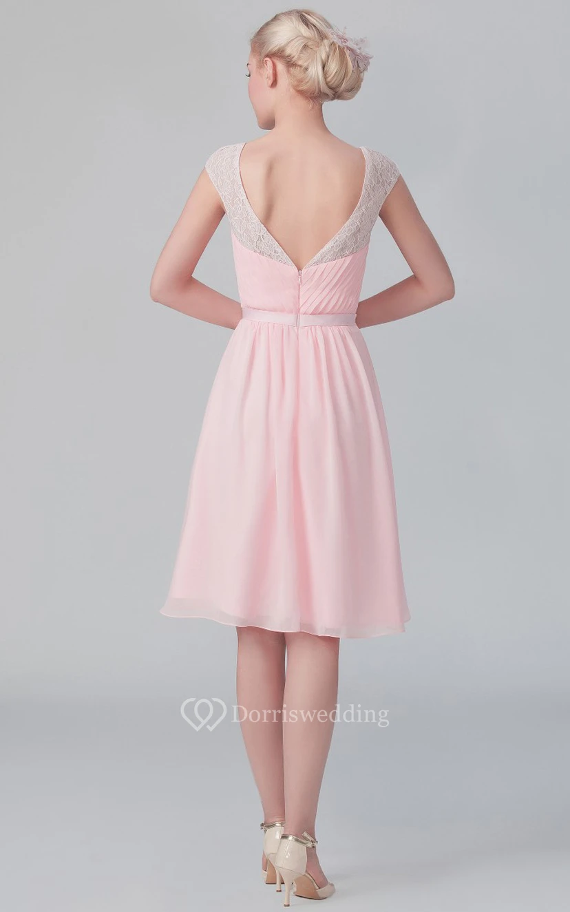 Short Graceful Cap-Sleeved Chiffon Dress With V Back view 2