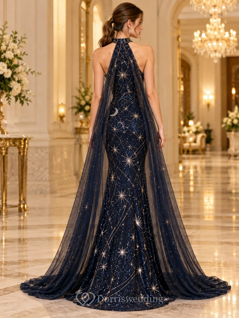 Dark Navy Celestial Halter Beaded Cape Back Evening Gown view 2