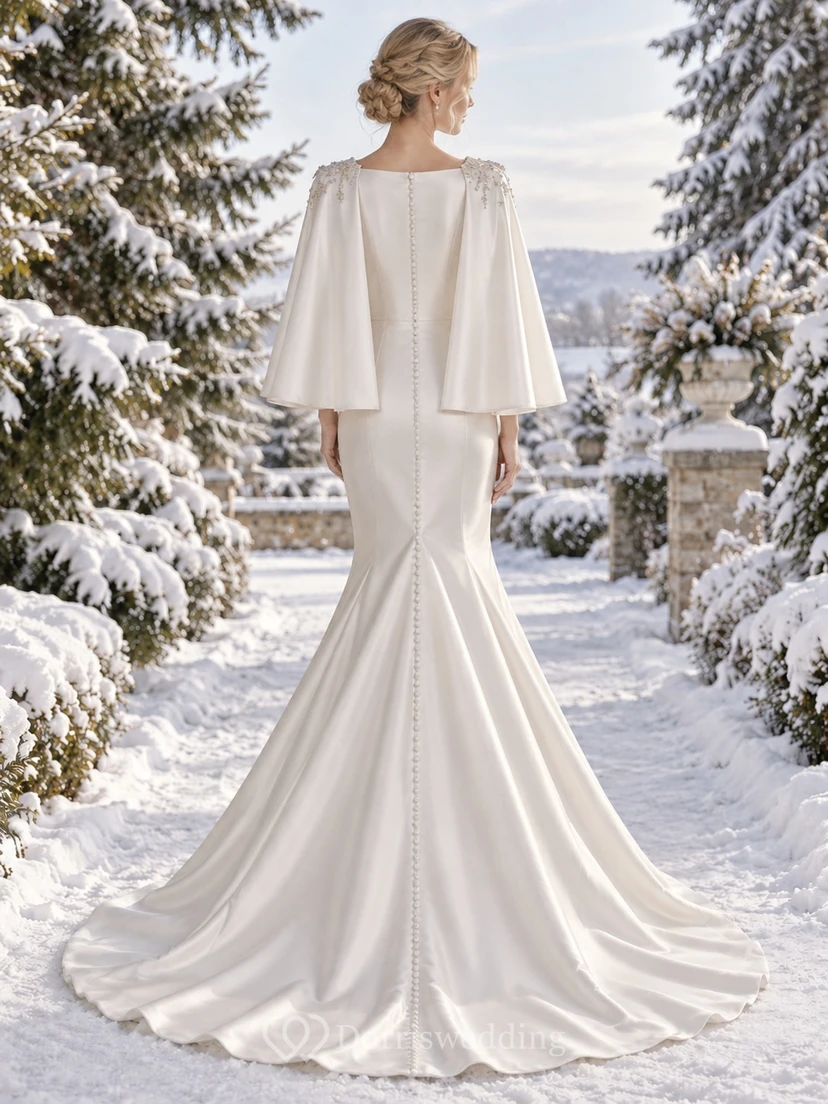 Simple Square Neck Satin Mermaid Short Wedding Cape Dress view 2