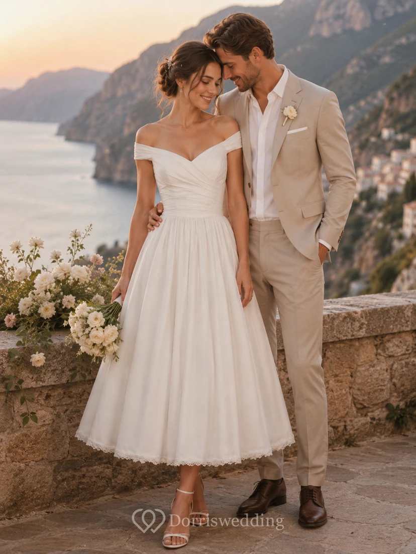 Robe de mariée en satin mi-longue, sans manches, à col en V et boutons dans le dos