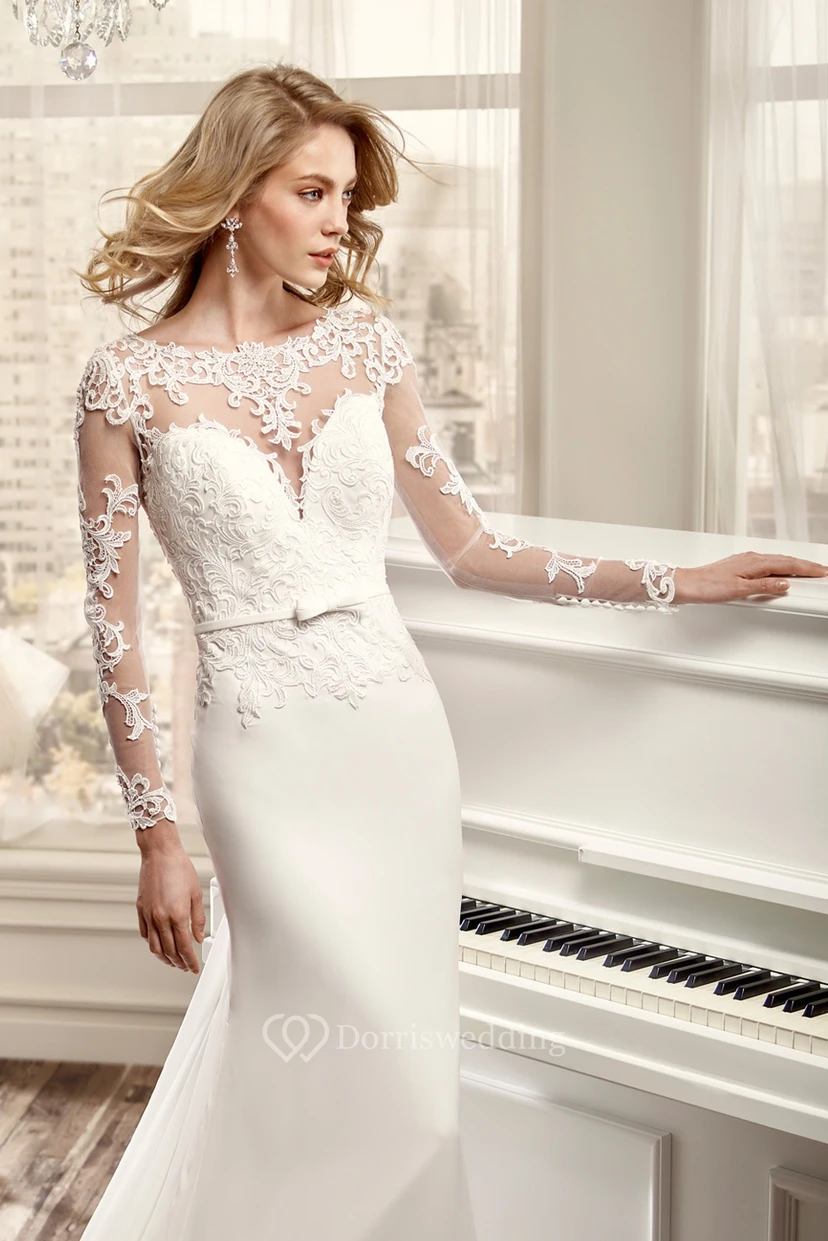 Long-Sleeve Sheath Elegant Wedding Dress With Brush Train And Back Draping view 3