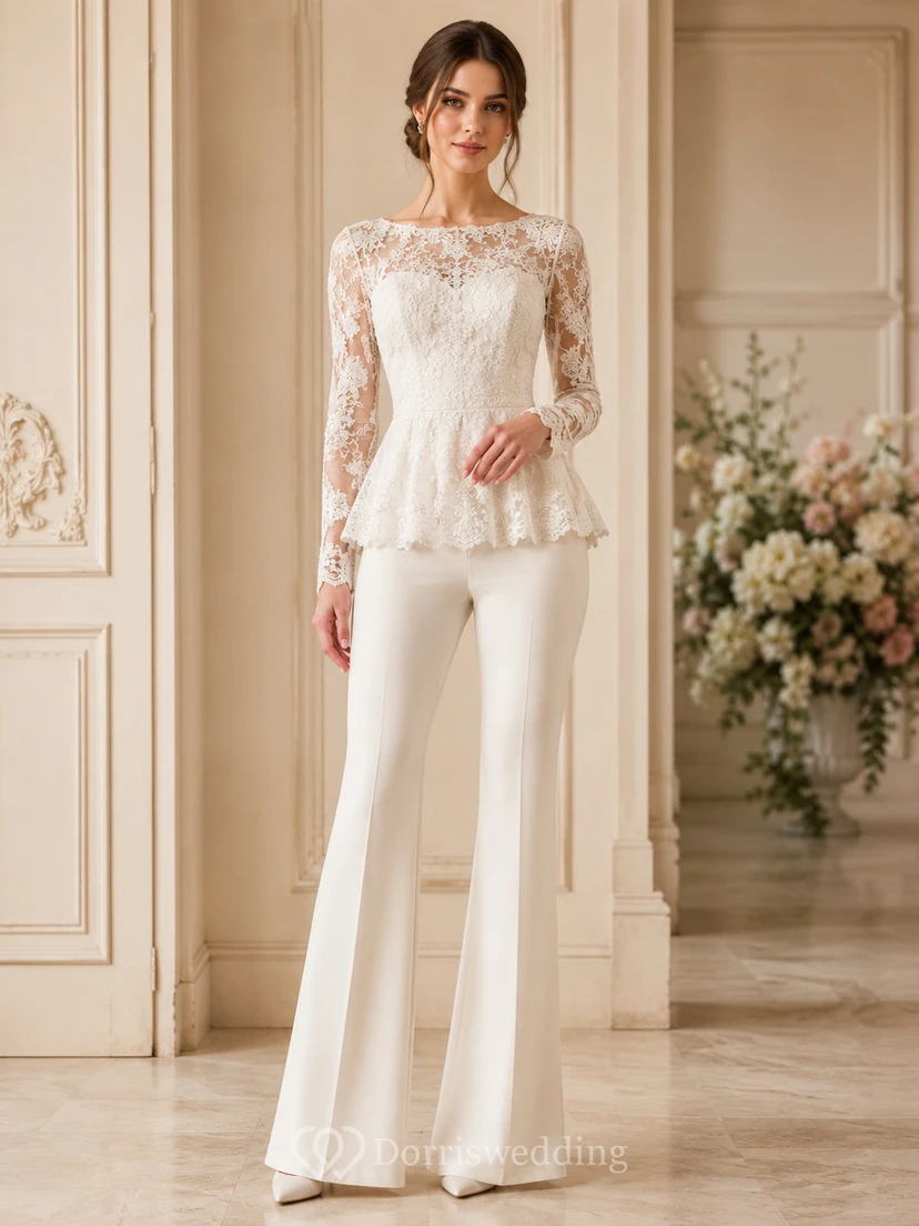 Elegant Lace Bridal Pantsuit Two Piece Bateau Long Sleeves Peplum Top