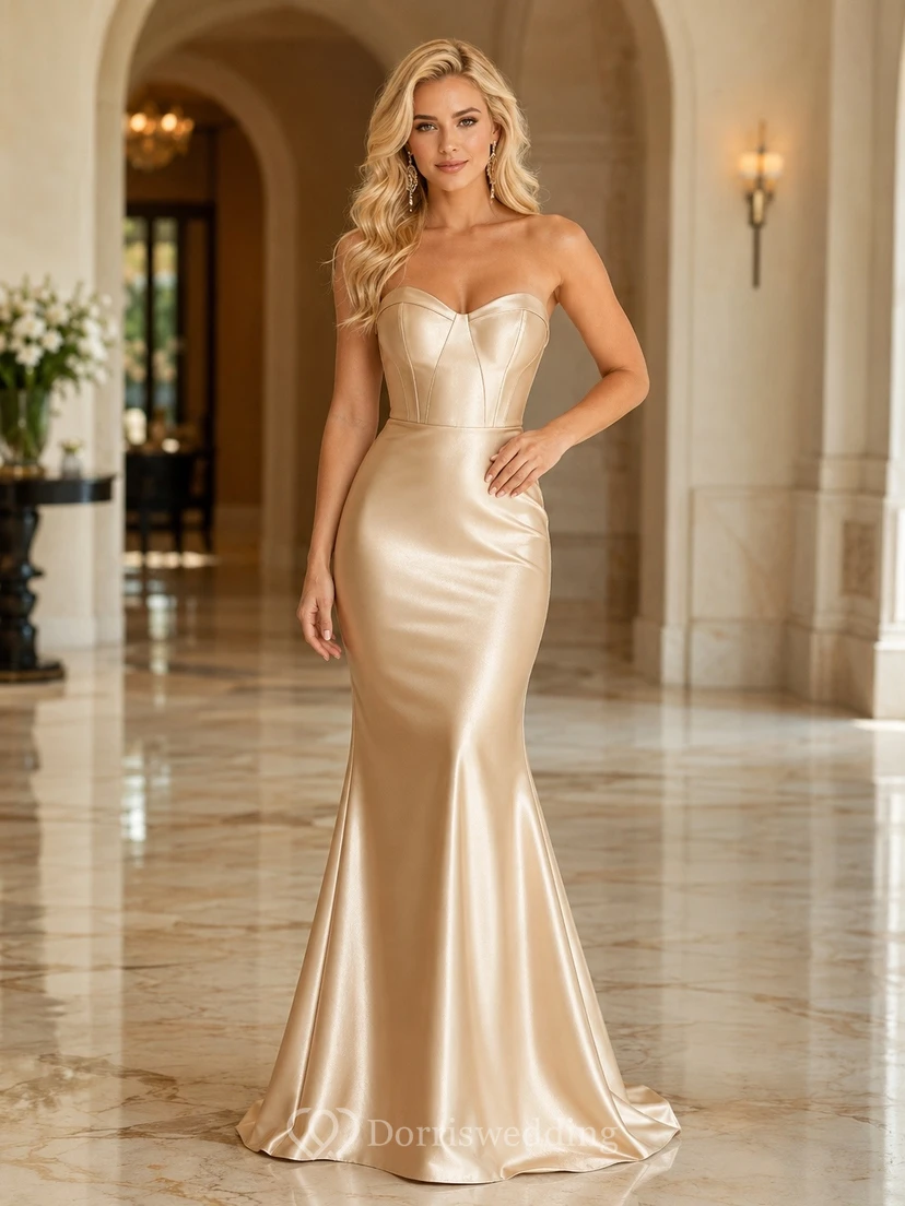 Vestido de noche formal largo hasta el suelo, color champán, sin tirantes, de satén, con escote corazón y estilo sirena.