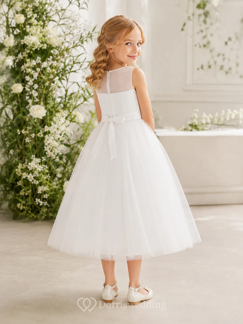 Elegantes, teelanges A-Linien-Kleid aus Tüll mit floralen Applikationen für Blumenmädchen-Hochzeiten im Gartenstil view 2