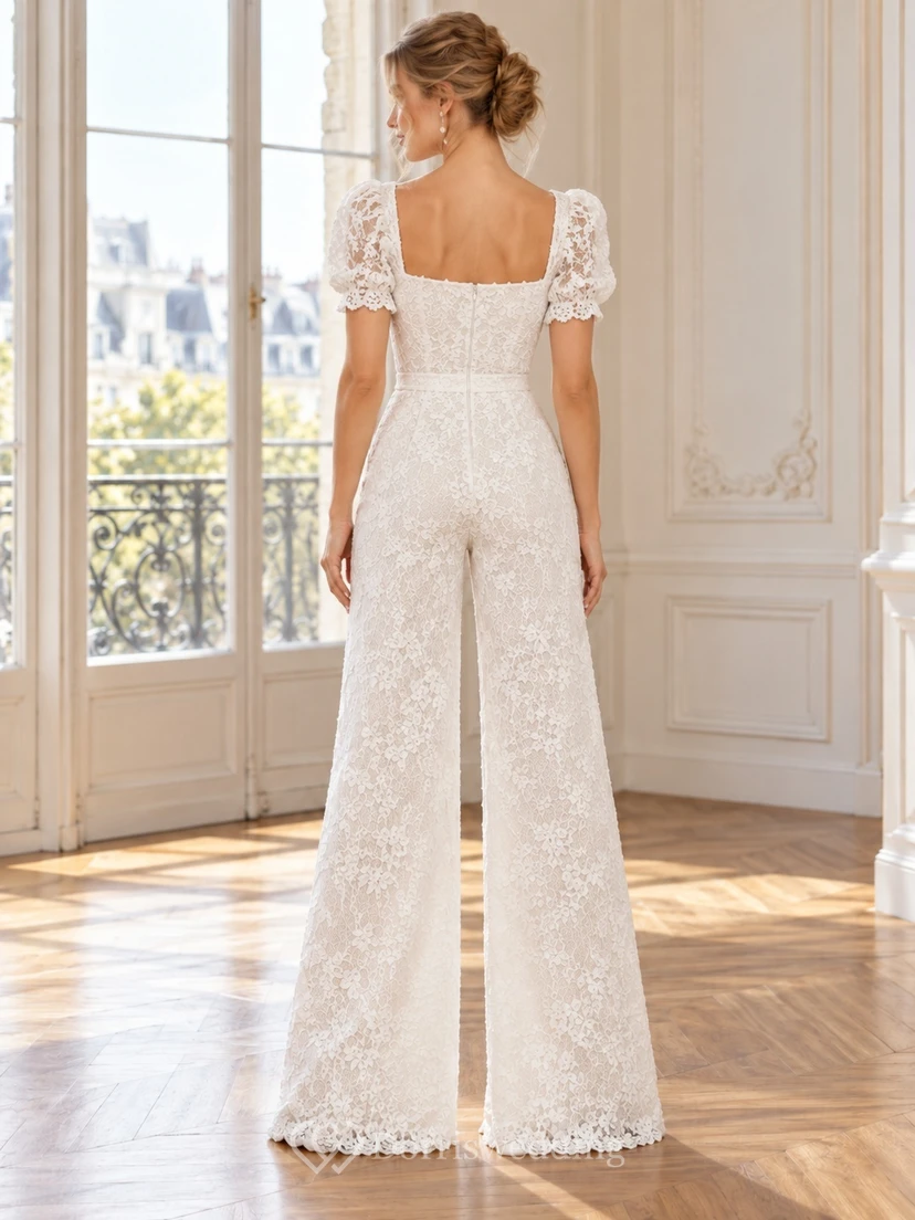 Combinaison de mariage à jambes larges en dentelle florale et col carré, manches bouffantes et dentelle florale view 2