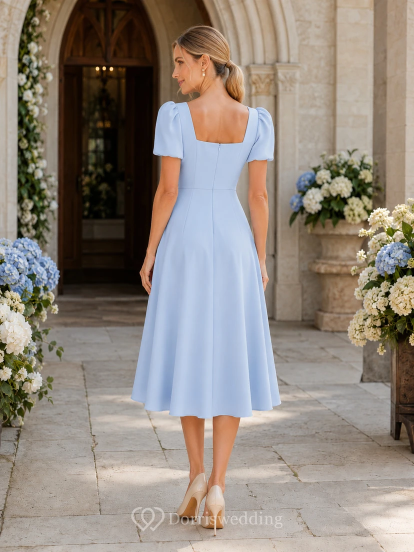 Light Blue Square Neck Puff Sleeve A Line Ceremony Midi Dress view 2