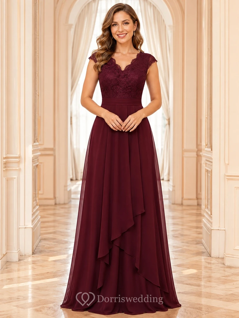 Burgundy Lace V-Neck Short Sleeve Tiered Formal Dress