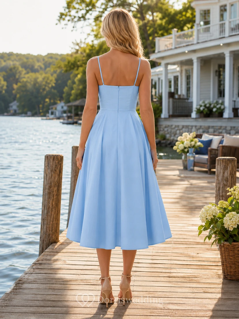 Sky blue square neck strap lake house party midi dress view 2