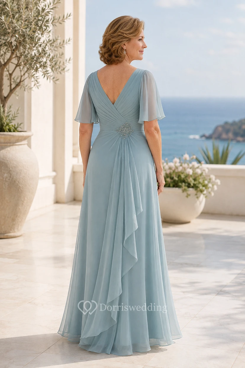 Himmelblaues Chiffon-Kleid in A-Linie mit V-Ausschnitt und Volantärmeln view 2