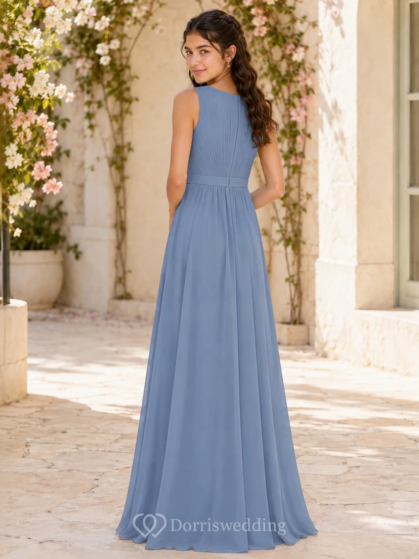 Stahlblaues Brautjungfernkleid für junge Damen, A-Linie, ärmellos, mit Schmucksteinen besetzt und plissiert view 2