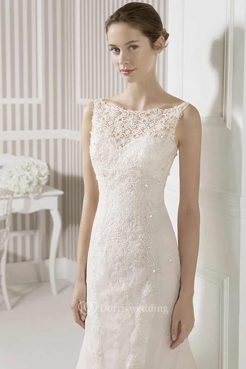 Sheath Long Sleeveless Bateau Lace Wedding Dress With Court Train And Illusion Back