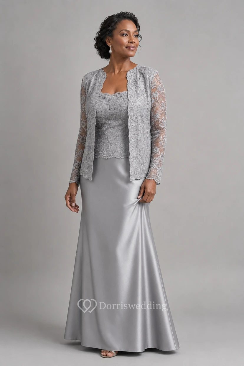 Robe de mère de la mariée violette en dentelle, manches longues, longueur au sol, avec veste view 11