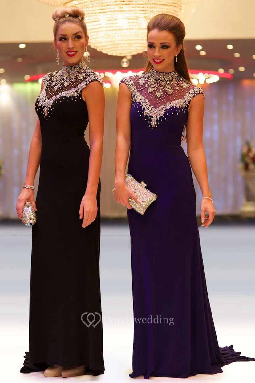 Sheath Beaded Floor-Length High-Neck Cap-Sleeve Jersey Prom Dress view 4