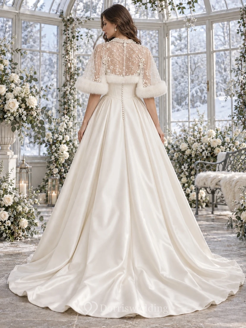 Square Neck Satin Wedding Fur Trim Cape Ball Gown view 2