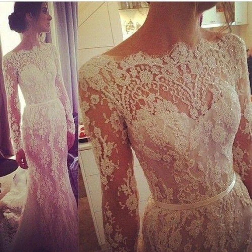 Elegant Long Sleeve Lace Mermaid Wedding Dresses Floor Length