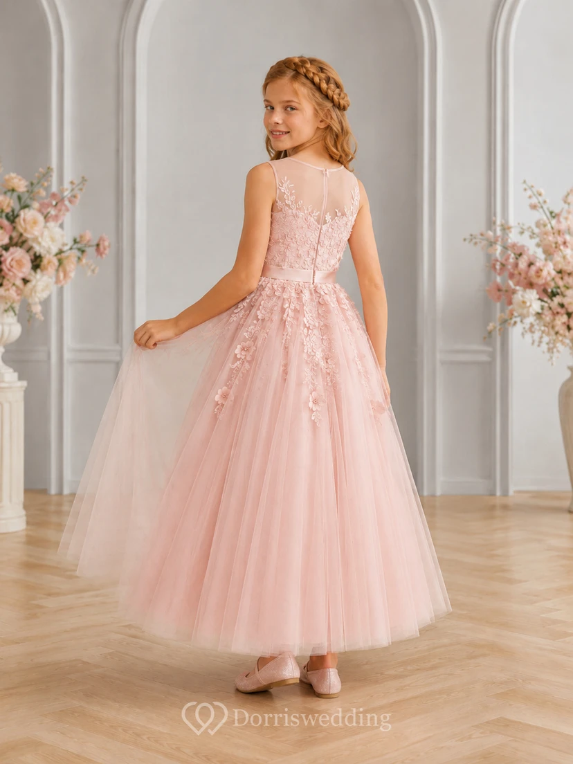 Blush Floral Applique Lace Tea-Length A-Line Flower Girl Garden Wedding Tulle Dress view 2