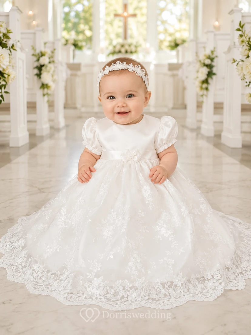 Lace Hem Baby Baptism A-Line Puff Sleeve Tea-Length Dress Elegant Adorable Romantic Satin