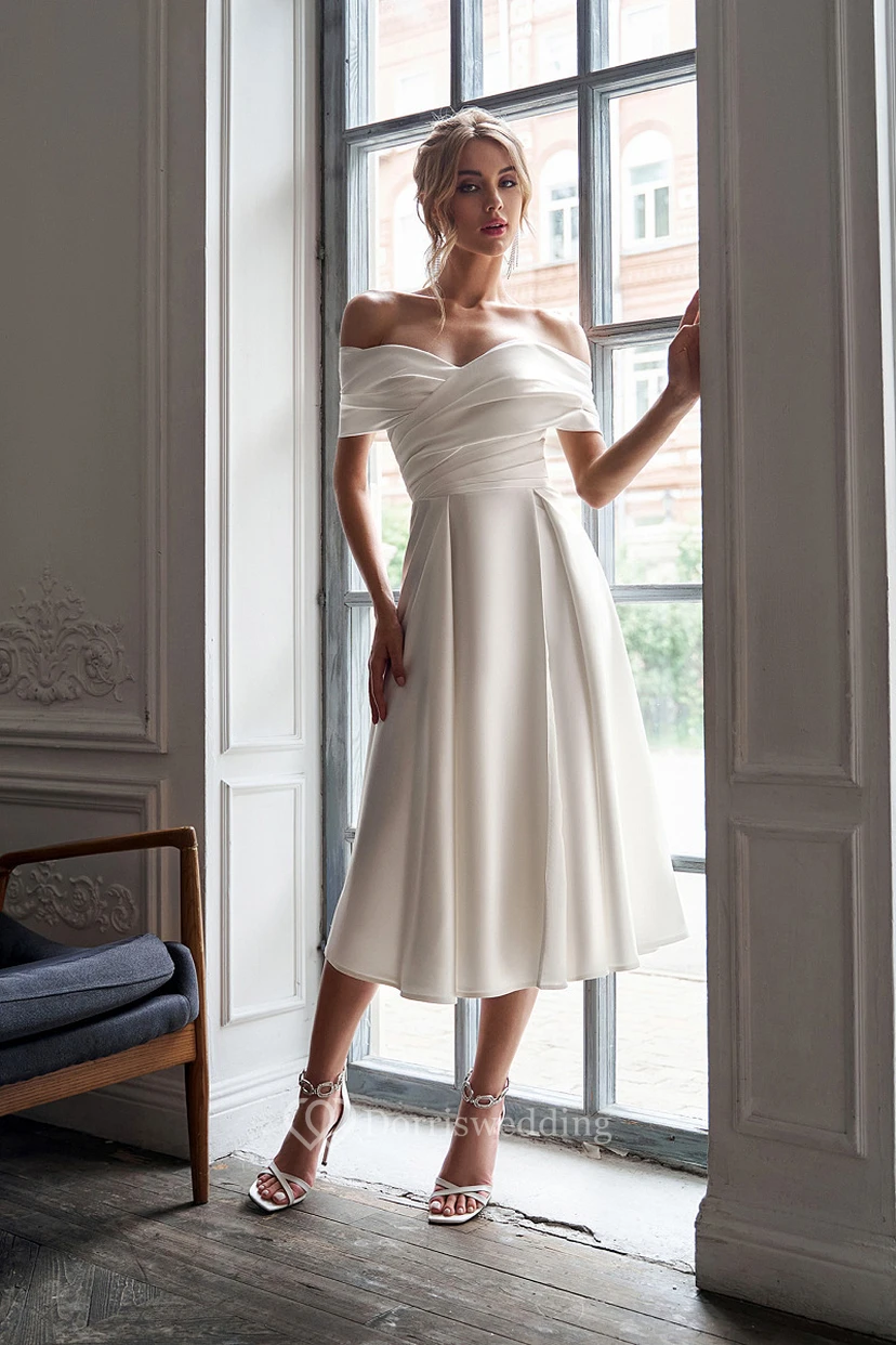 Off-the-shoulder Ruched Criss-cross Empire Tea-length Wedding Dress