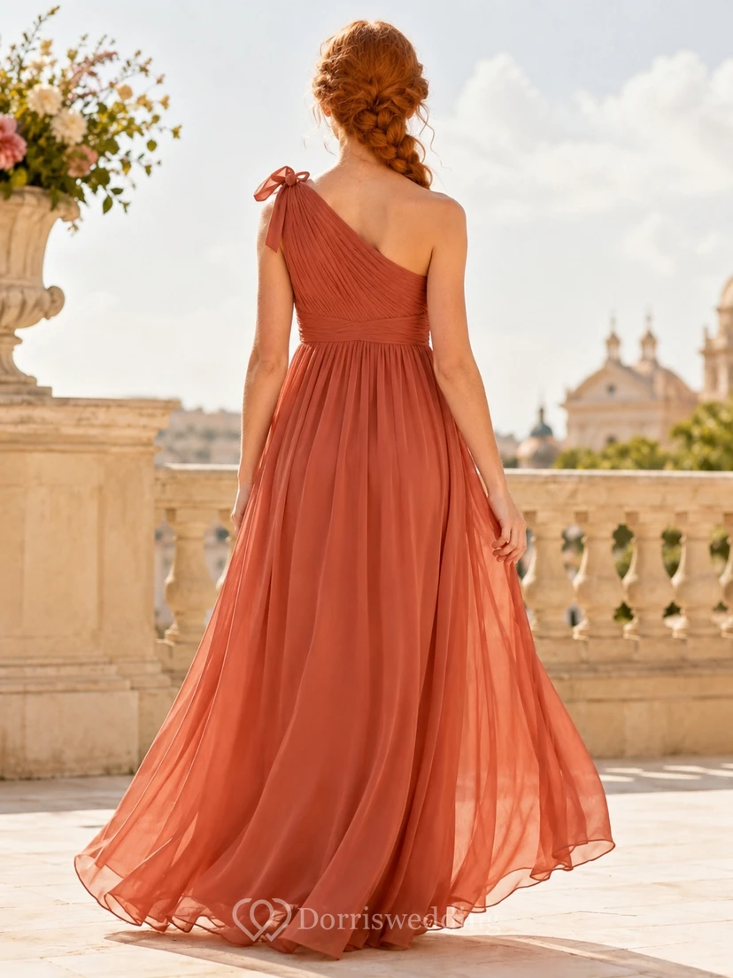 Vestido de dama de honor juvenil romántico, sin mangas, de gasa, de un solo hombro, corte en A y largo hasta el suelo, color naranja. view 2