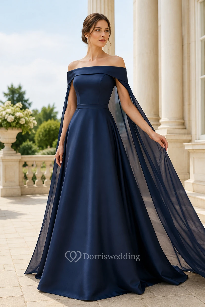 Robe de soirée bleu marine foncé en satin et tulle, coupe trapèze, épaules dénudées, longueur au sol