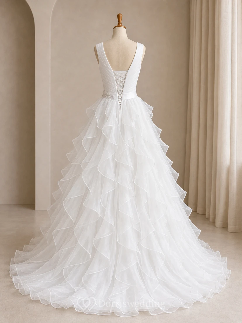 A-Linien-Brautkleid aus Organza mit kurzen Ärmeln, langem V-Ausschnitt, Raffungen, Rüschen und Stufen view 8