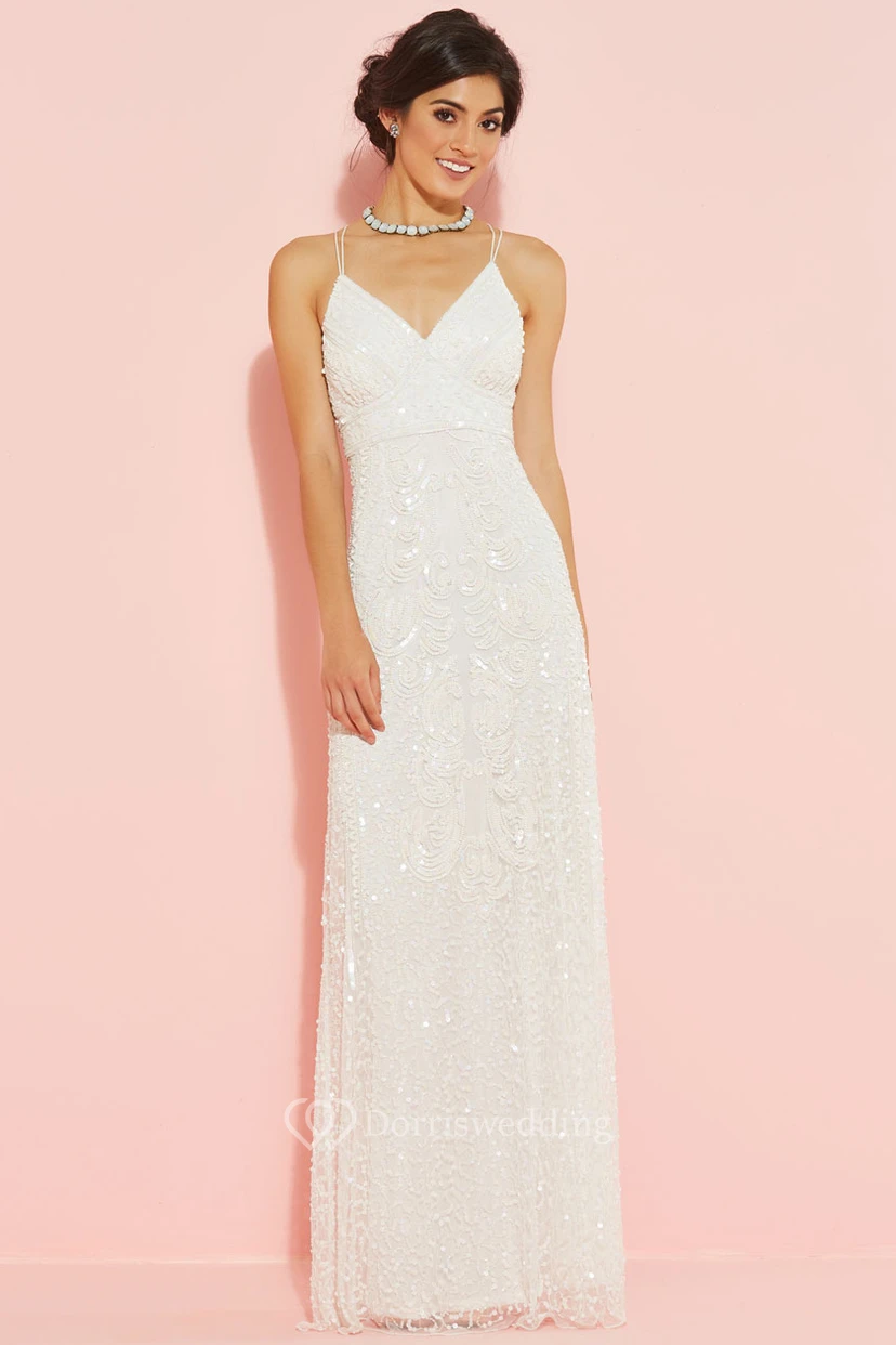 Sheath Spaghetti Sleeveless Sequined Floor-Length Wedding Dress