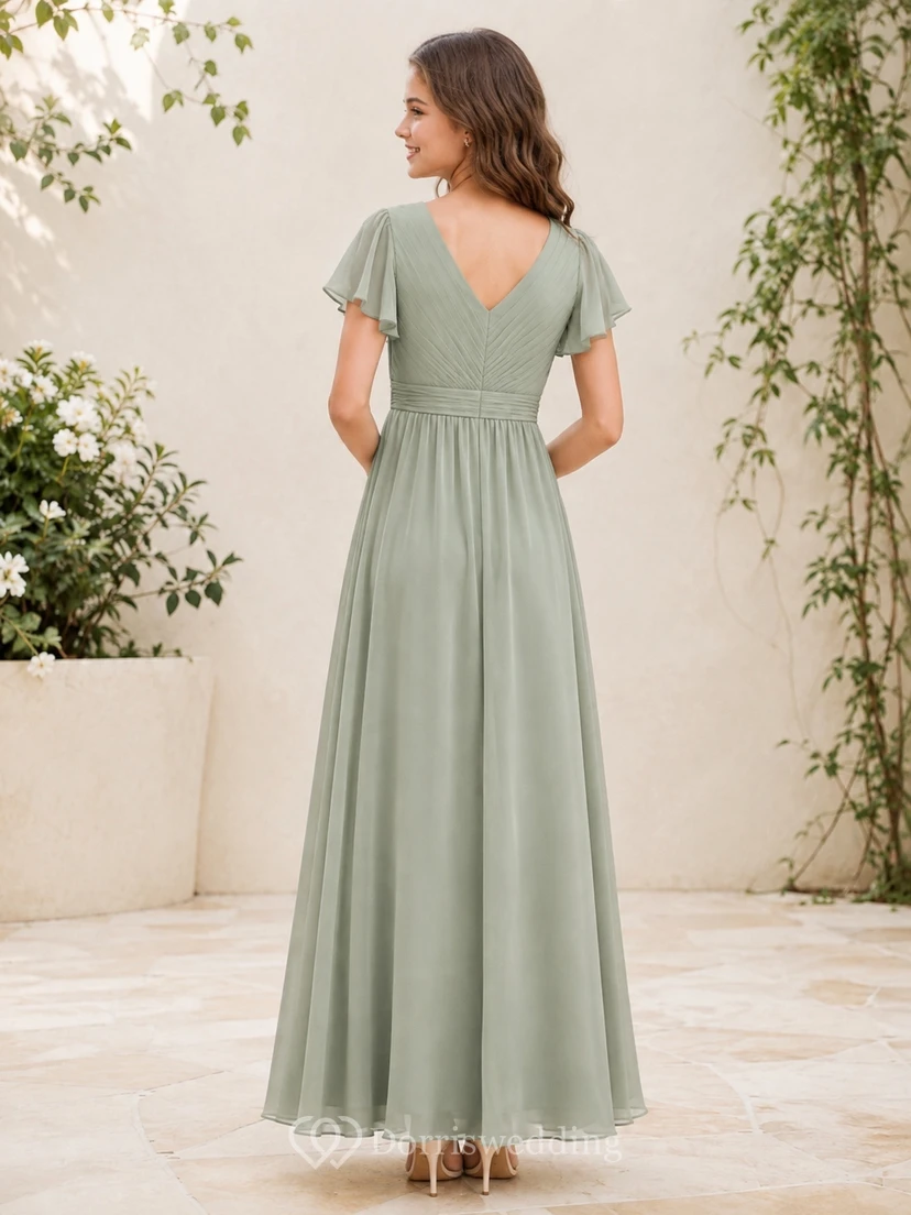 Celadonfarbenes Brautjungfernkleid für junge Mädchen, A-Linie, V-Ausschnitt, kurze Blütenblattärmel, Chiffon, schlicht view 2