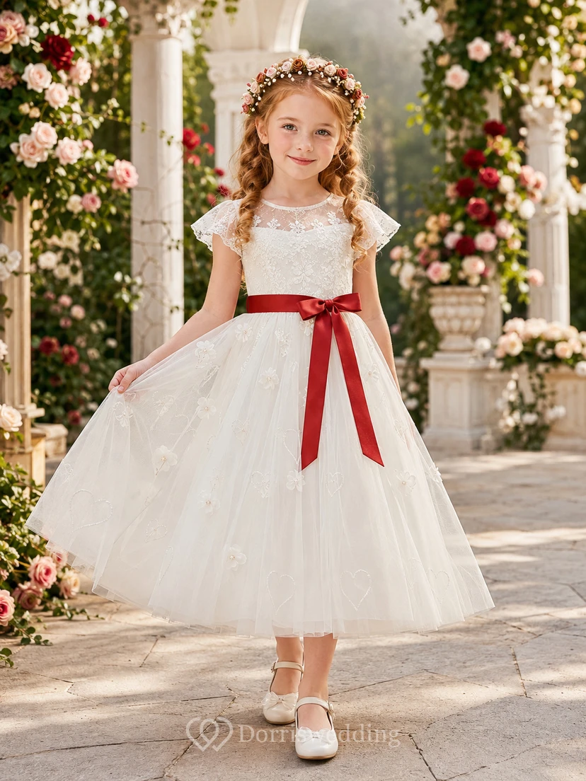 Adorable y elegante vestido de niña de las flores, estilo barco, manga corta, tul, largo hasta la rodilla, fajín color burdeos.