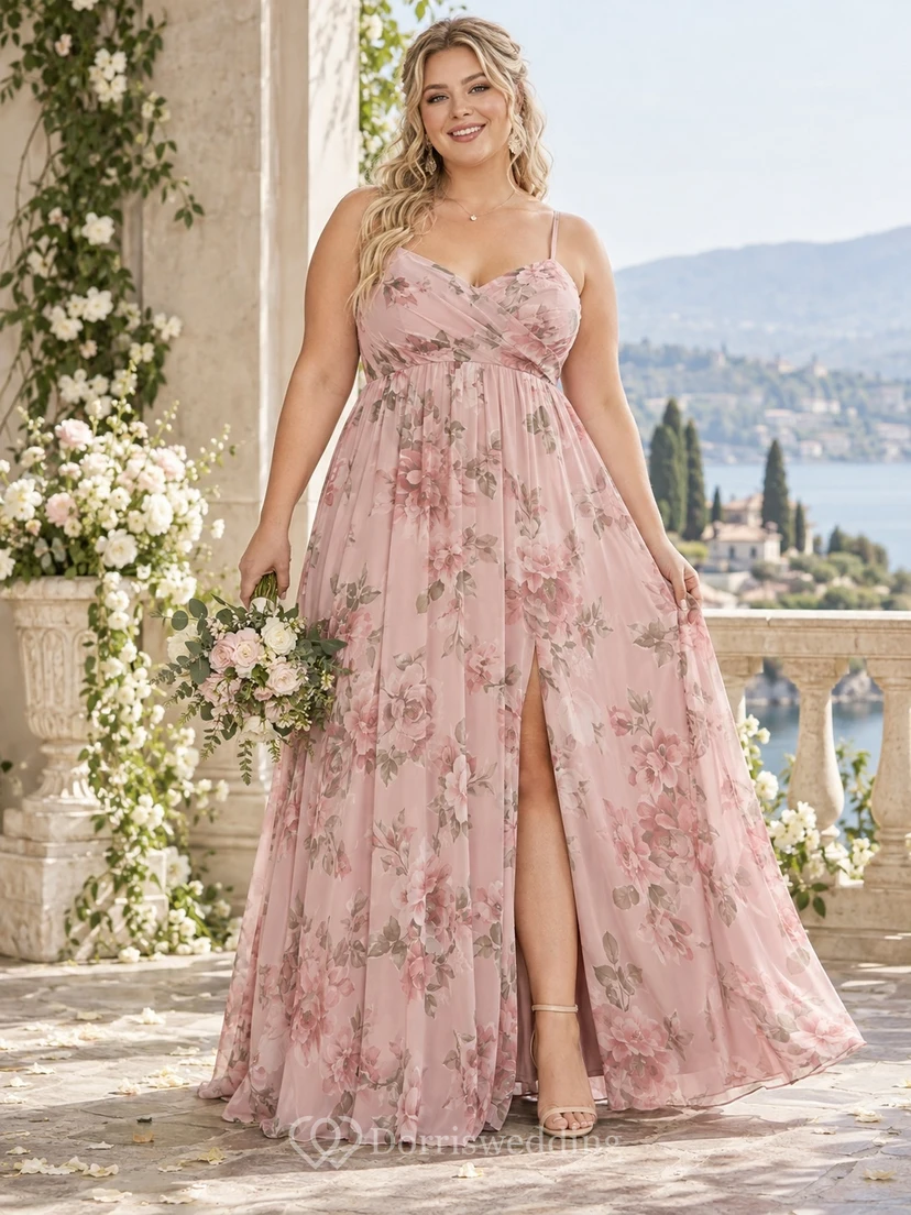 Vestido de dama de honor largo hasta el suelo, de corte A, sin mangas, con escote en V y abertura lateral, color rosa con estampado floral, talla grande. view 2