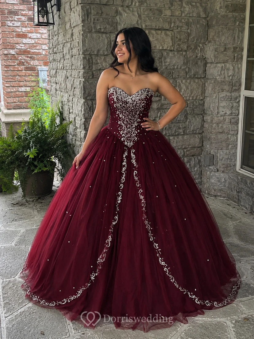 Ball Gown Long Sweetheart Sleeveless Bell Beading Appliques Lace-Up Back Tulle Lace Dress view 9