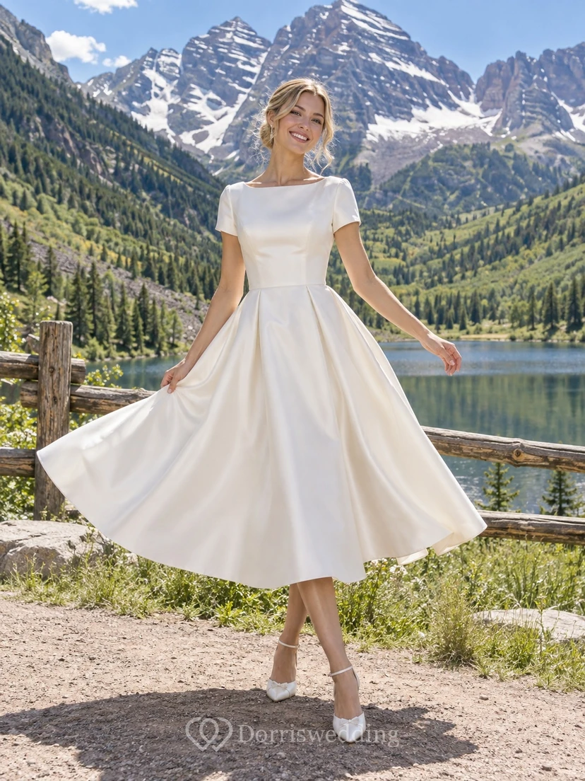 Vestido de novia sencillo de satén plisado de corte A, largo hasta la rodilla, con escote barco y mangas cortas