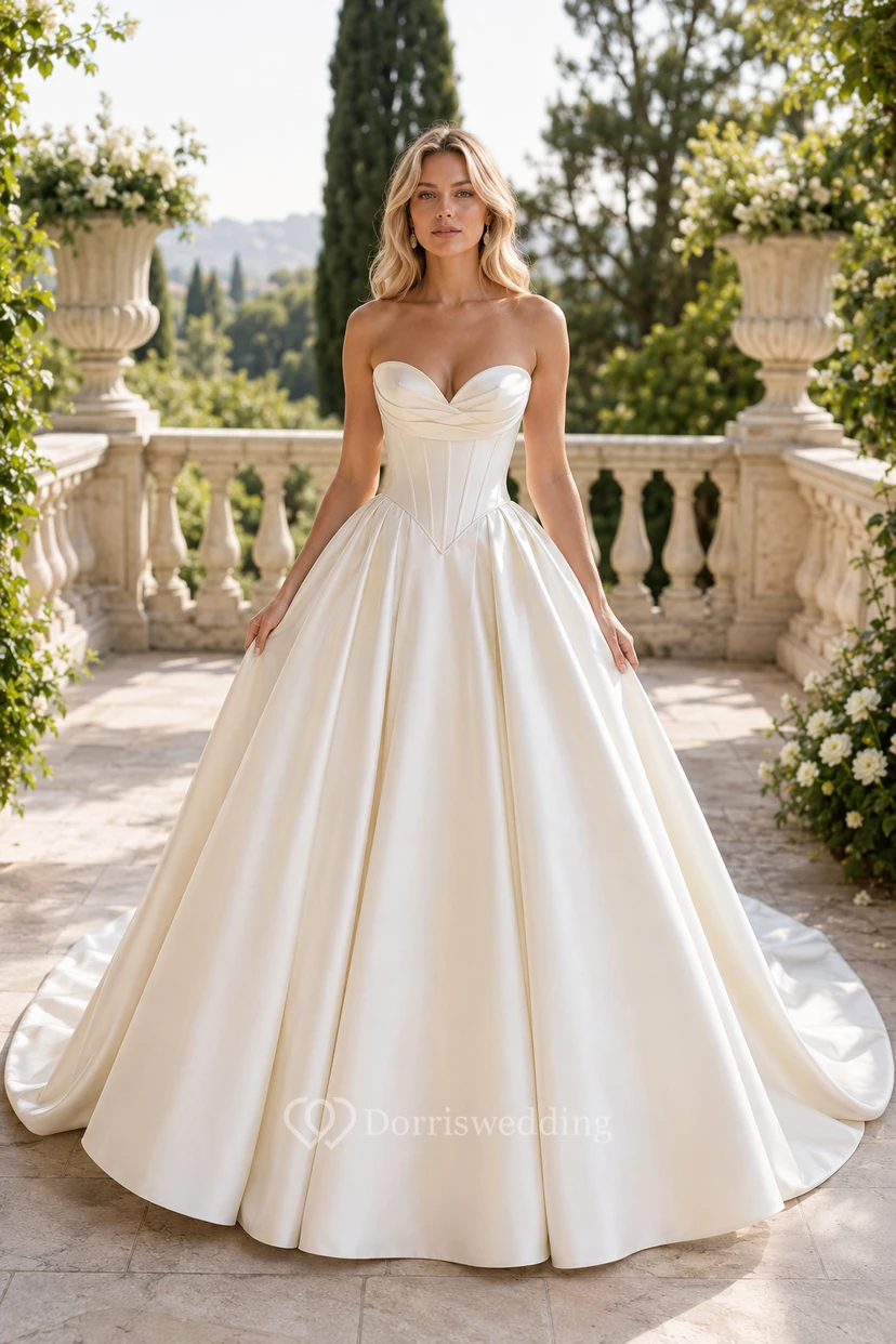 Robe de mariée bustier en satin, style bal, avec corsage corset en forme de cœur