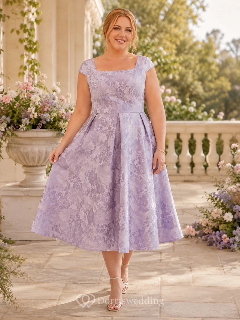 Lavender Plus Size Cap Sleeve Lace Tea Length A Line Garden Party Dress