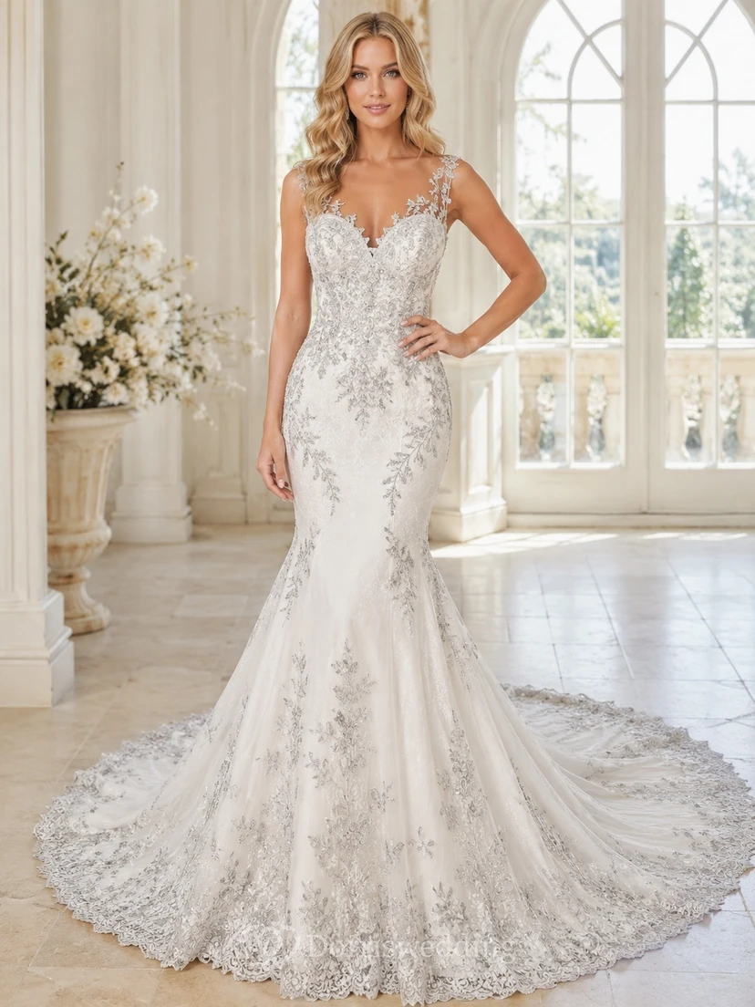 Gray Lace Mermaid Bridal V-neck Straps Sleeveless Floor-length Sweep Train Elegant Dress