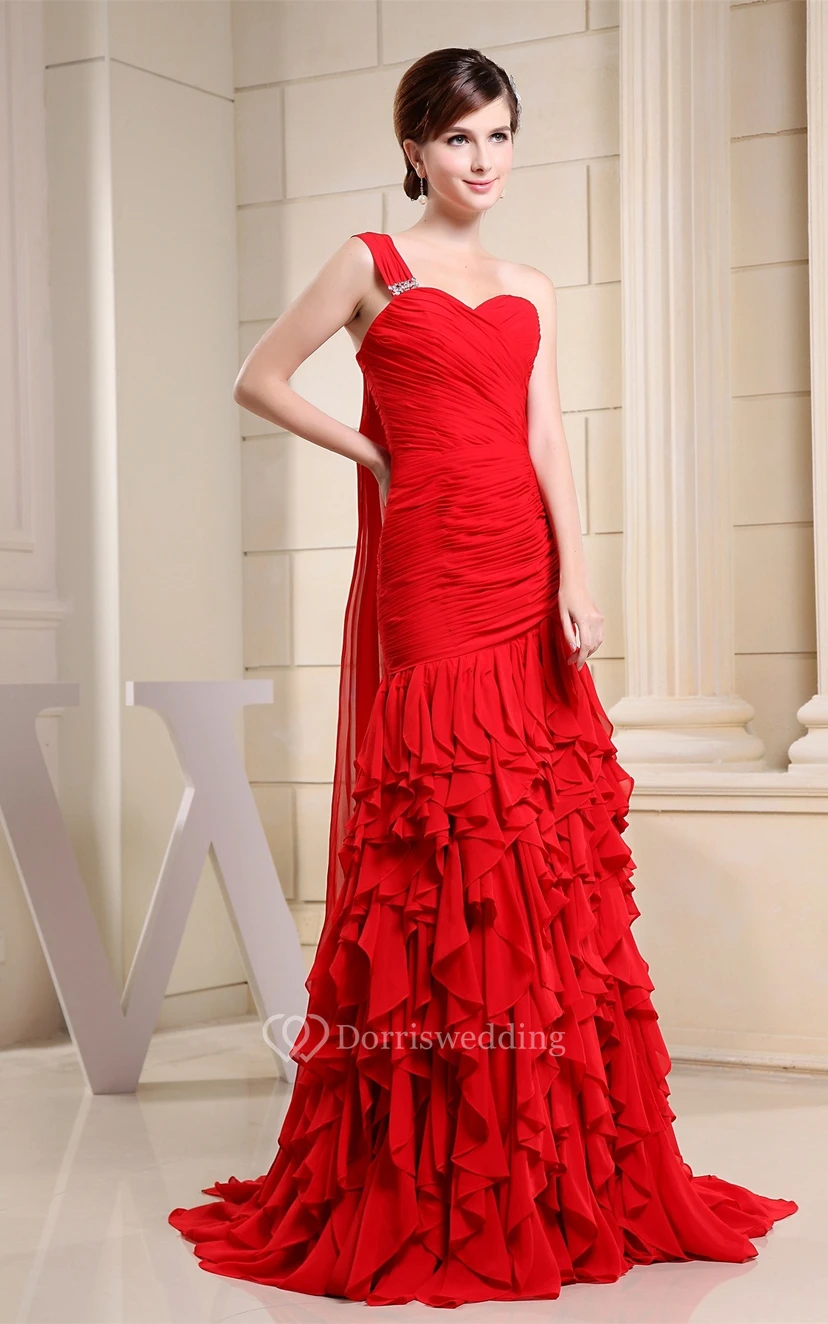 Sweetheart Chiffon Floor-Length Ruched Cascading Ruffles and Dress With Single Strap view 5