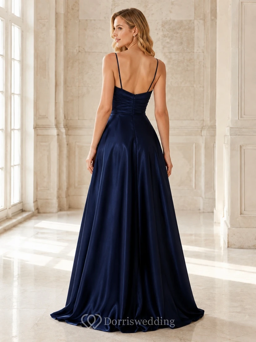 Dark Navy Cowl Neck Satin Spaghetti Strap Split A-Line Formal Maxi Dress view 2