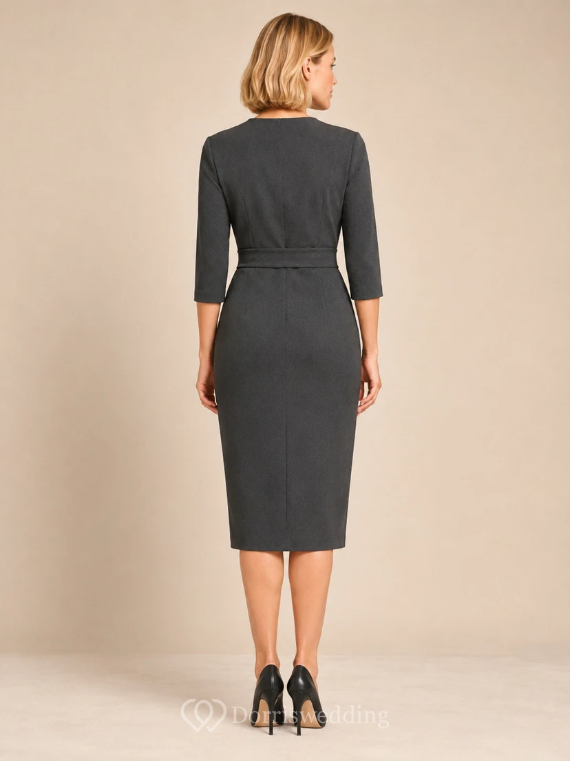 Charcoal V-neck three quarter sleeve wrap sheath midi dress view 2